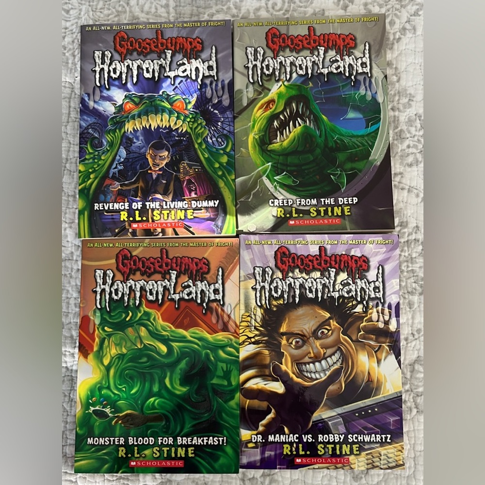 Signed copies of books 1-3 & 5 from R.L. Stine’s Goodebumps HorrorLand Series